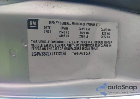 2002 Buick Century Custom from USA, damaged, VIN 2G4WS52JX21112430